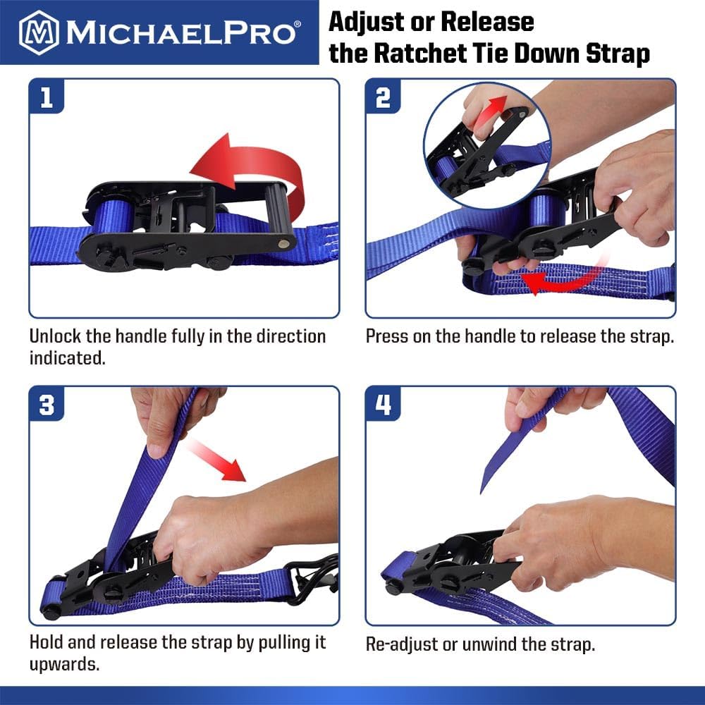 MichaelPro 4 Pack 1.5" x 15' Ratchet Tie Down Straps with J-Hook Safety Latches, 3300 lb Break Strength, for Moving Cargo, Appliances, Lawn Equipment, Motorcycle, Storage Bag Included | MP021002
