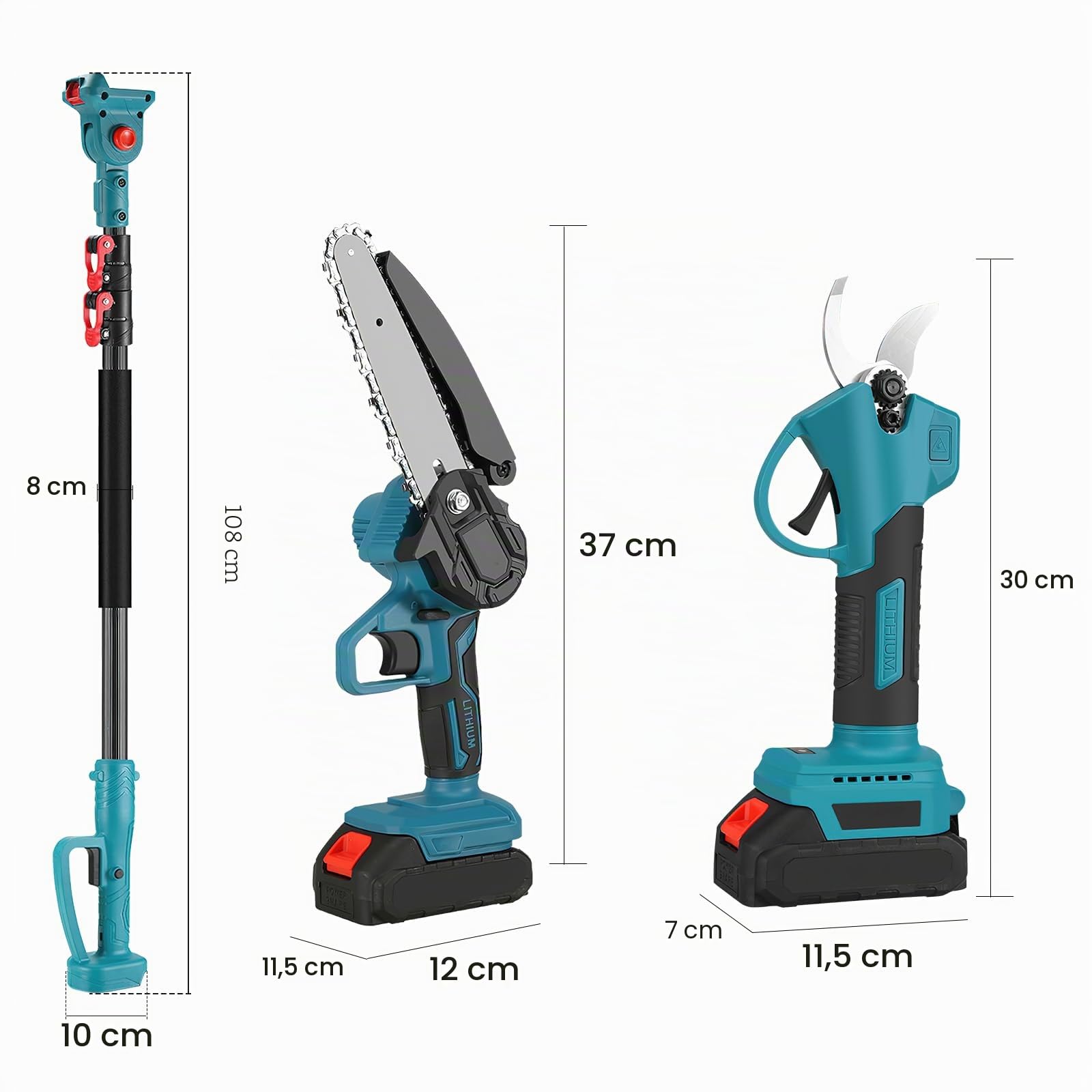 Motosierra Telescopica 6 Pulgadas,Tijeras De Podar Eléctricas,4 En 1 Kit De Herramientas Con 2 * 7500 Mah Baterías,Adecuado Para Podar Ramas,600W (Tijeras de podar + pértiga extensible+Motosierra)