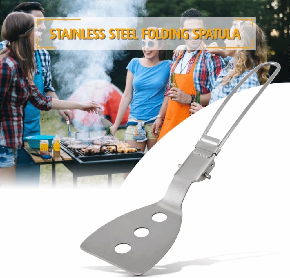 Steel Folding Spatula – Compact Foldable Cookware with Locking Handle & Oil Draining Holes for Camping, BBQ, Outdoor Cooking (9.06" Unfolded)‌