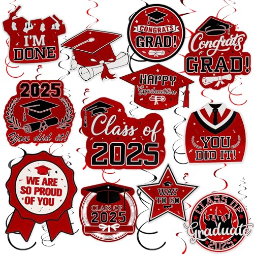 Image of Graduation Hanging Swirls, Graduation Decorations Class of 2025, 30 PCS Red and Black Graduations Party Decoration Congrats Grad Hanging Swirls Ceiling Streamers for School Graduations Party Supplies
