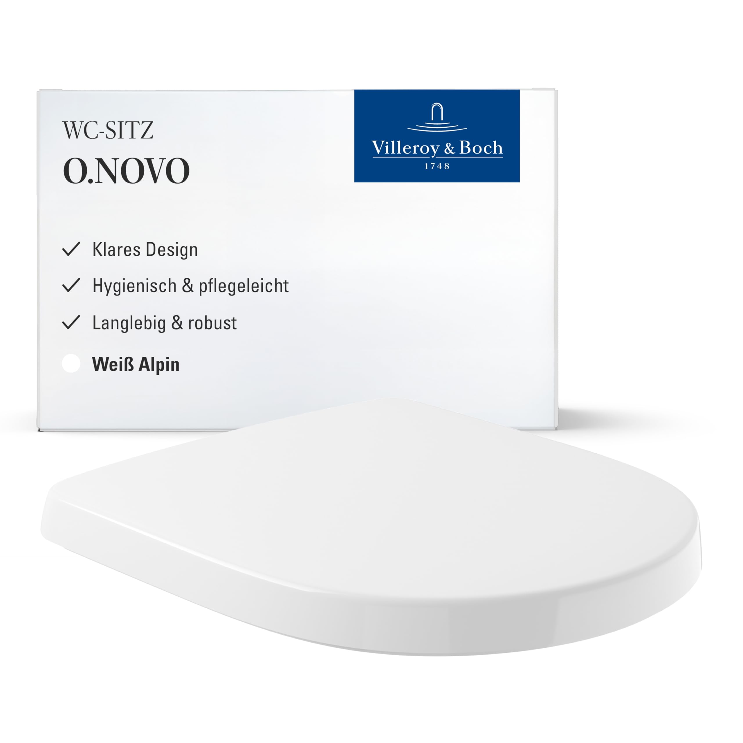 Villeroy & Boch O.novo WC-Sitz, D-Form – Weiß Alpin, glänzend | Mit Edelstahl-Scharnieren, aus bruchsicherem Duroplast, Original Ersatzteil, 9M406101
