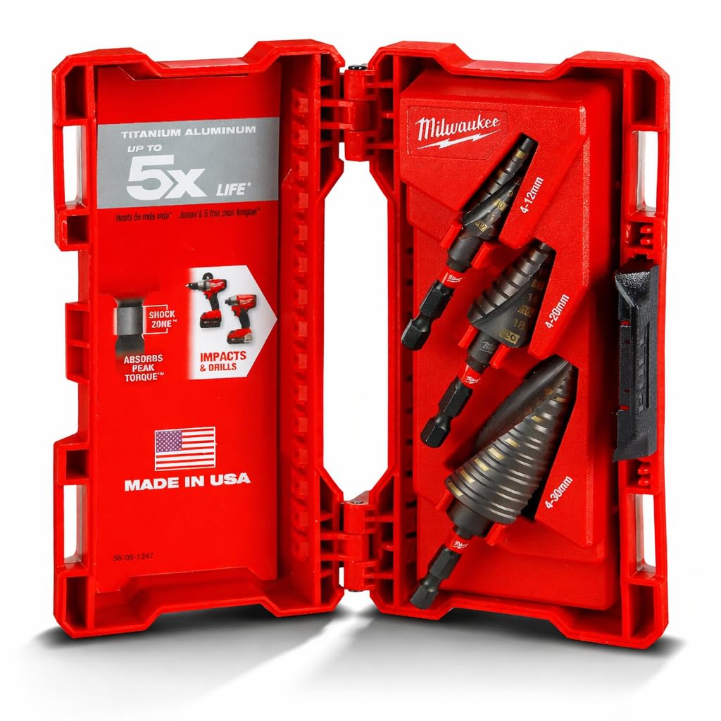 Milwaukee - Broca escalonada Shockwave™ kit de 3 unidades 4 a 12mm - paso de 1mm 4 a 20mm - paso de 2mm 4 a 30mm - paso de 2 y 3mm - 3pc Set 4 to 12mm 1mm steps 4 to 20mm 2mm steps 4 to 30mm 2mm& 3mm
