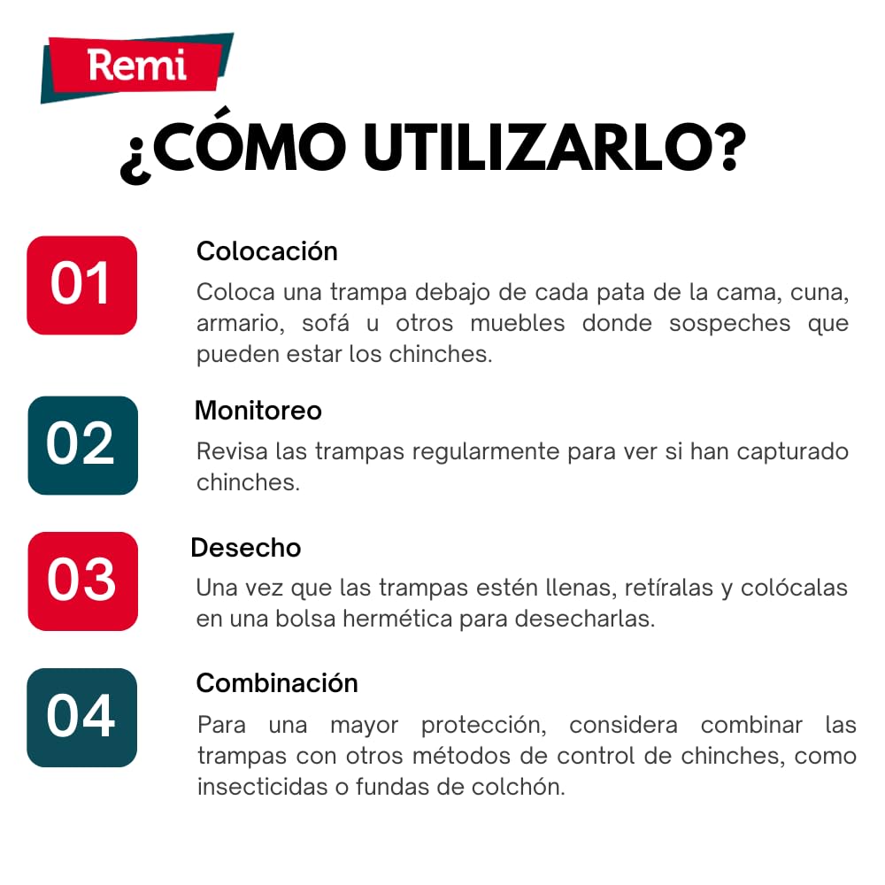 Remi Hogar Trampas para capturar Chinches de la Cama y Muebles | Pack de 4 Trampas | Eficaz para Eliminar y Evitar Las Chinches sin químicos | Detección y protección para Camas y Muebles