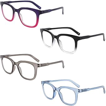 4 Pack Reading Glasses for Women Men Square Blue Light Blocking Readers with Spring Hinge
