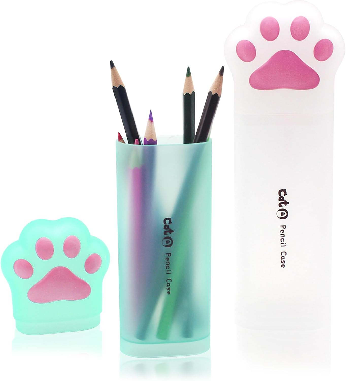 Benvo Cat Paw Pencil Holder Plastic Kitten Pencil Case Storage Organizer for Pencils Pens Rulers, Office Portable Desk Accessories (White/Mint Green, Pack of 2)