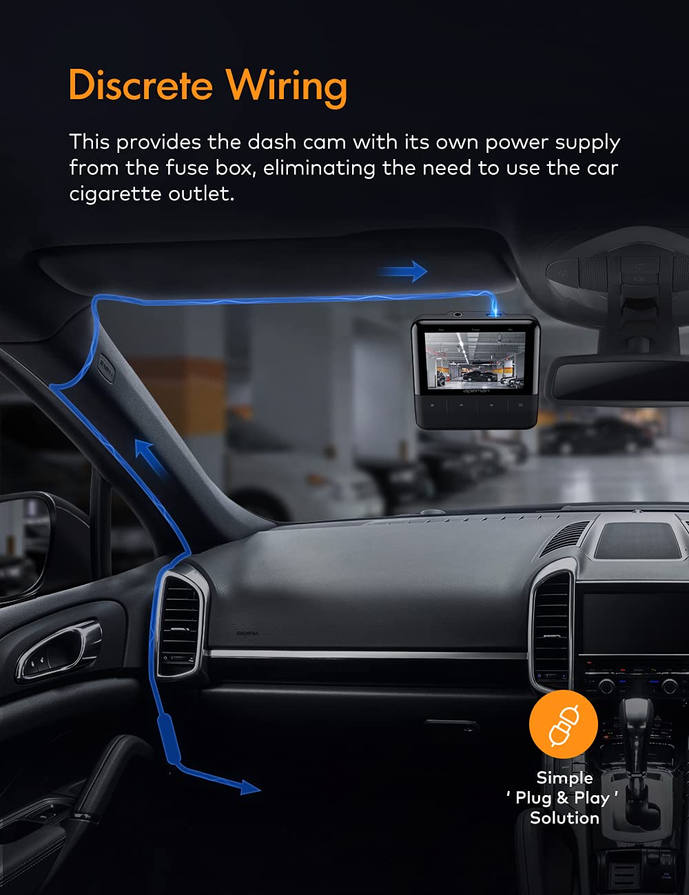 Image illustrating discrete wiring of the hardwire kit from the OBD-II port to the dash cam.