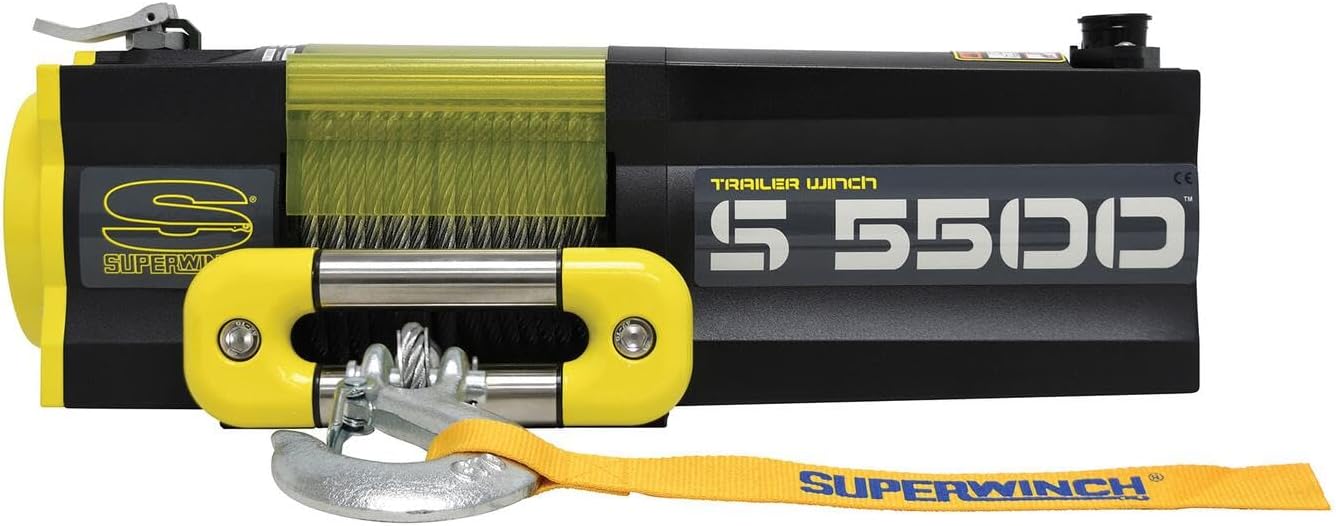 Superwinch 1455200 S5500 Trailer Winch 5500lb(2495kg) Single Line Pull with Roller Fairlead 9/32" x 60' Steel Rope 30.5ft Corded Handheld Remote