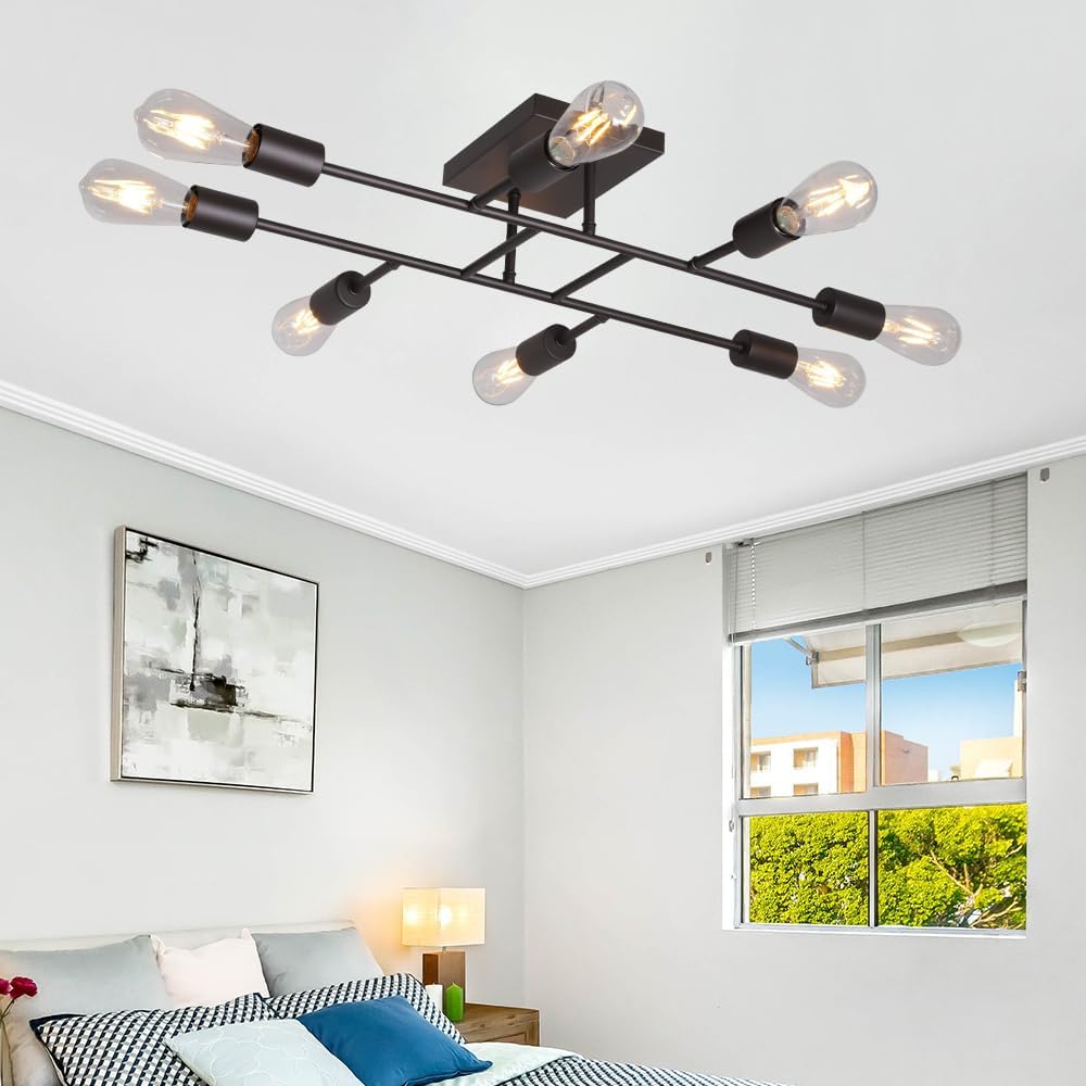 8 Lights Oil Rubbed Bronze Sputnik Chandelier Vintage Metal Ceiling Lighting Mid Century Semi Flush Mount Lighting Fixture for Dining Room Living Room Kitchen Foyers