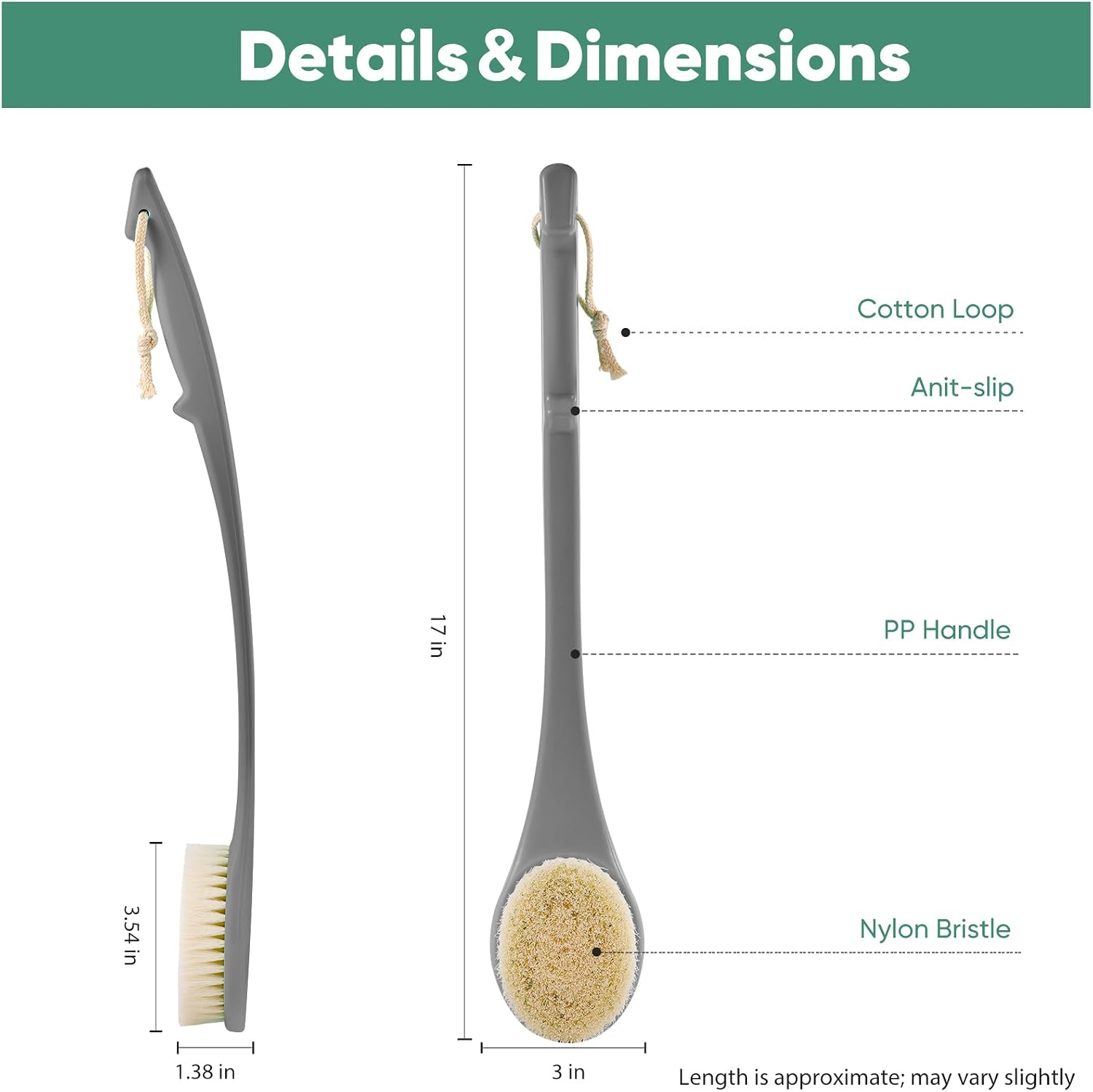 Back Scrubber for Shower, 17-Inch Shower Brush for Men and Women, Long Handle Exfoliating Body Brush, Medium Bristle Stiffness for Dry or Wet Brushing (Deep Gray)