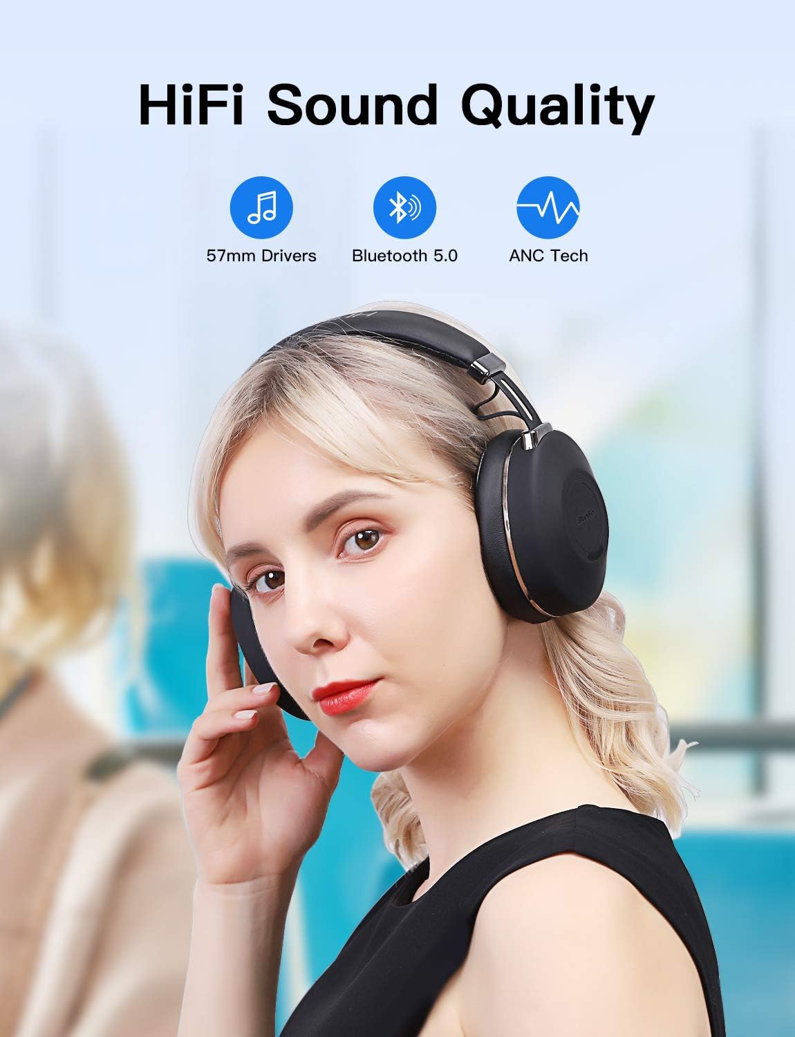 A woman wearing Bluedio H2 headphones, illustrating the HiFi sound quality and active noise cancellation features.