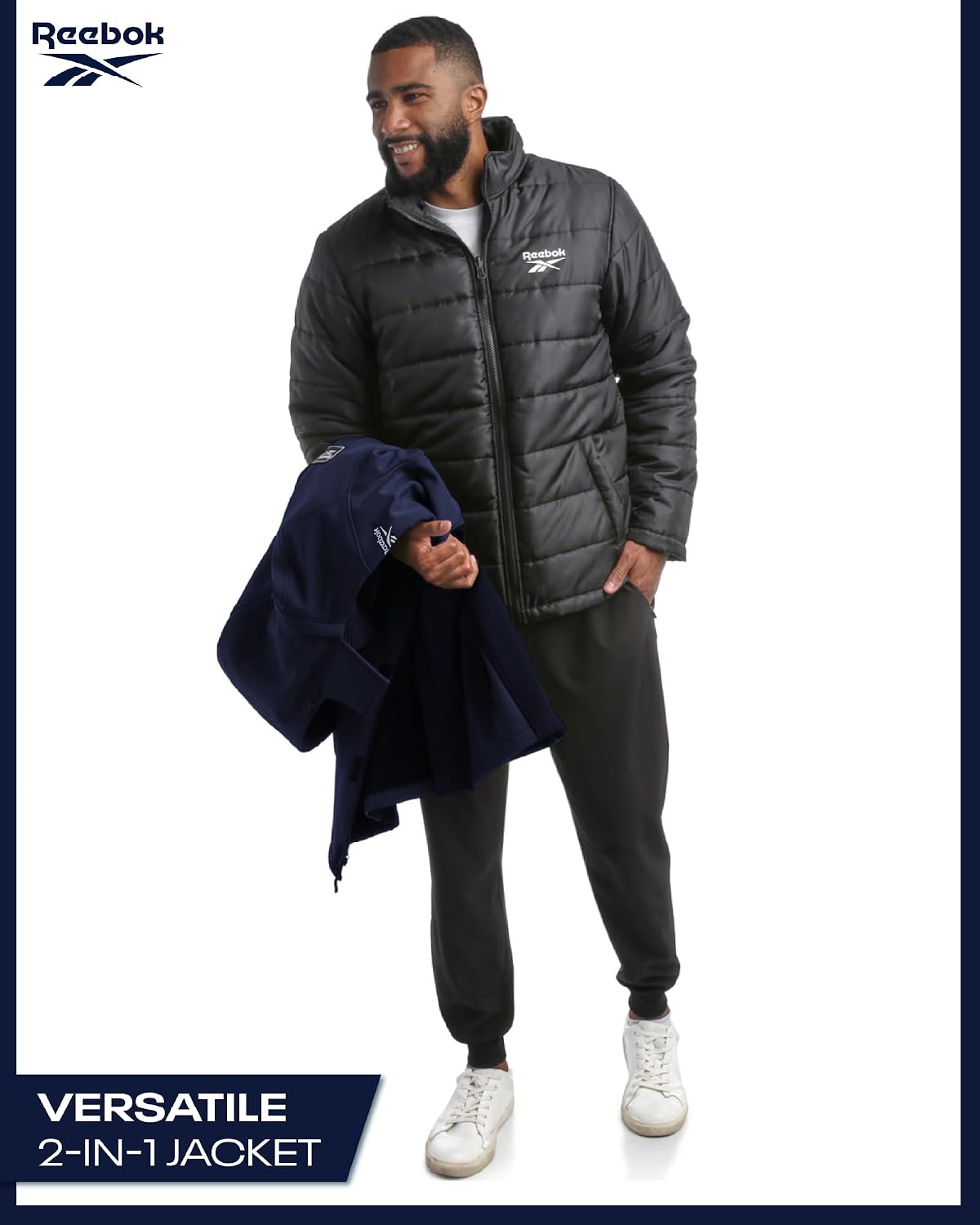 Reebok Mens Winter Coats - 3 in 1 System Hooded Softshell Windbreaker Jacket and Quilted Puffer Insulated Mens Ski Jacket