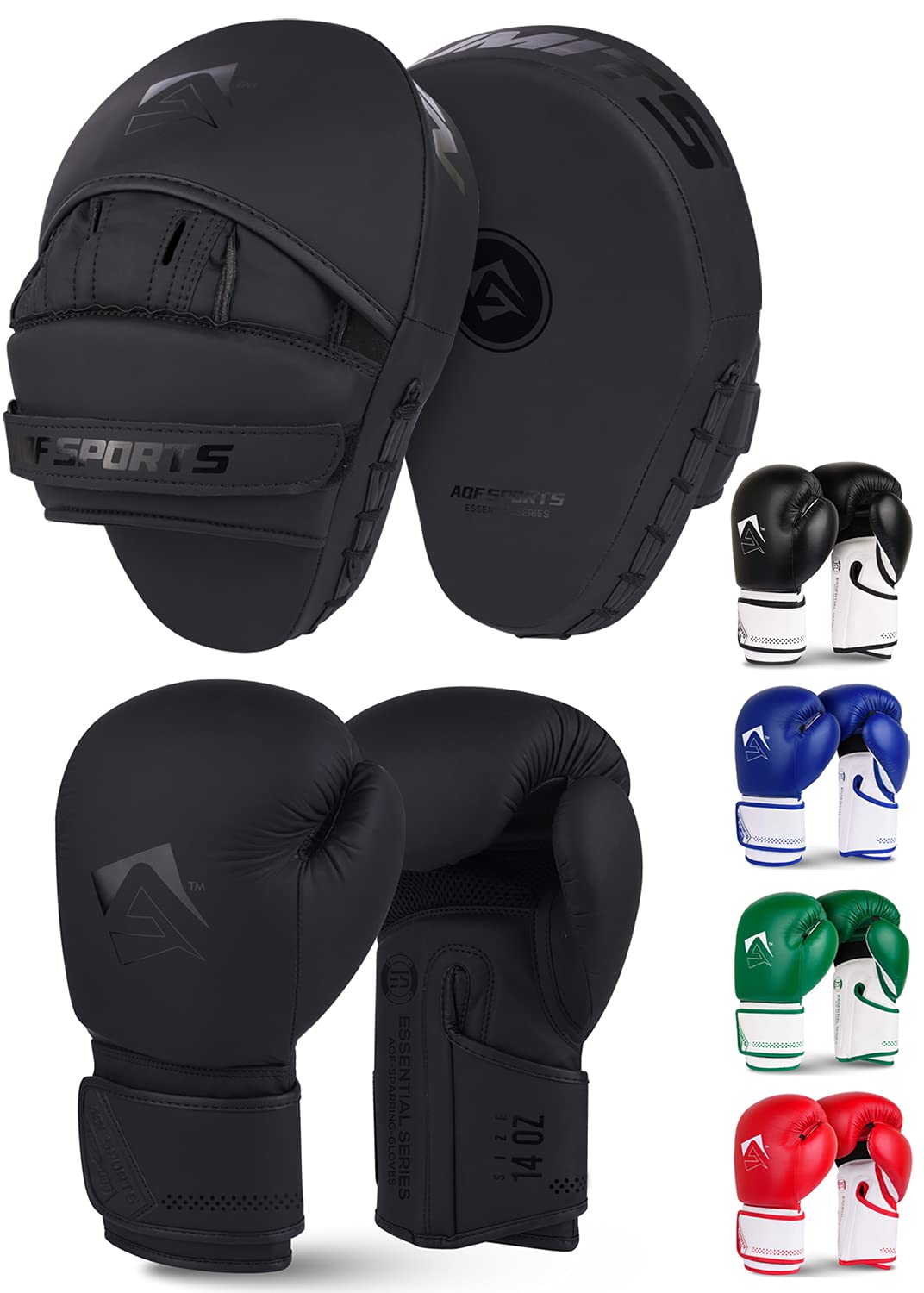AQF Boxing Gloves & Pads Set for Training Kickboxing & MMA Muay Thai Punching Glove with Curved Boxing Pads for Coaching Martial Arts (8oz, Matt Black)
