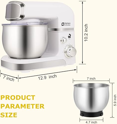 Kitchen in the box Stand Mixer,3.2Qt Mini Electric Food Mixer,6 Speeds Portable Lightweight Kitchen Mixer for Daily Use with Egg Whisk,Dough Hook,Flat Beater (White)