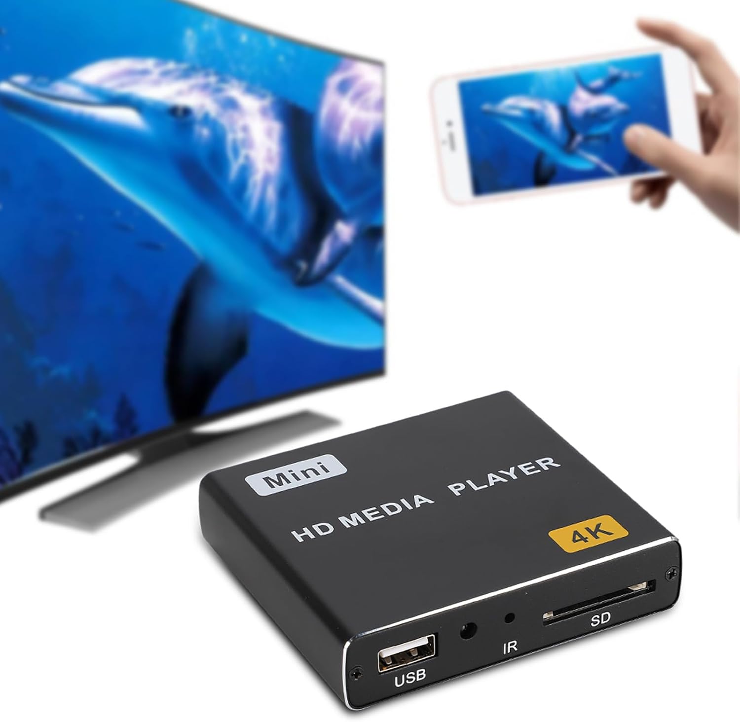 ASHATA Mini HD Media Player connected to a television and a smartphone displaying content.