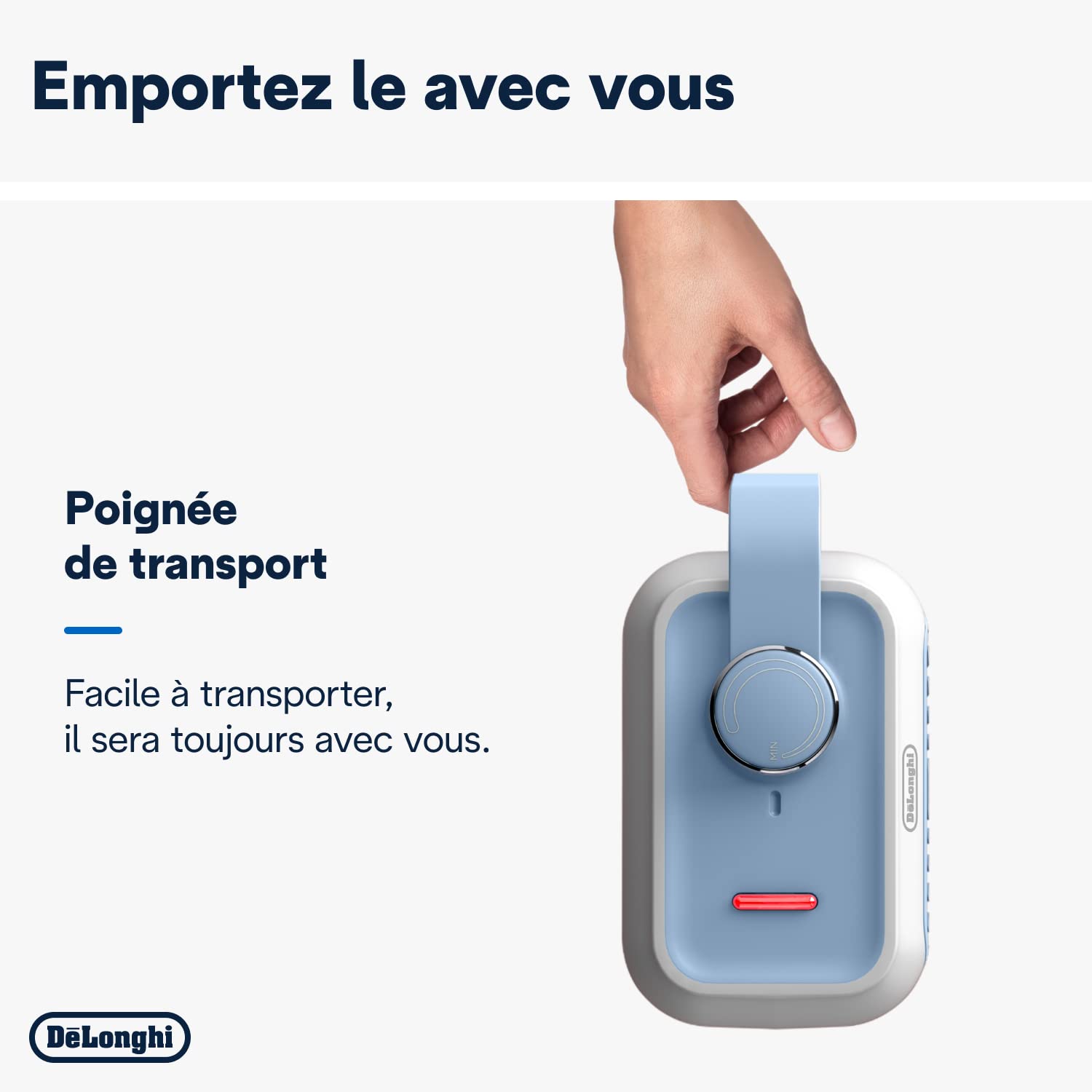 De'Longhi Capsule Desk - Chauffage Céramique Personnel, Mini-Chauffage Électrique Basse Consommation, Chaleur Immédiate, Silencieux, Arrêt Automatique si renversé, 360 W, Bleu Clair (HFX10B03.LB)