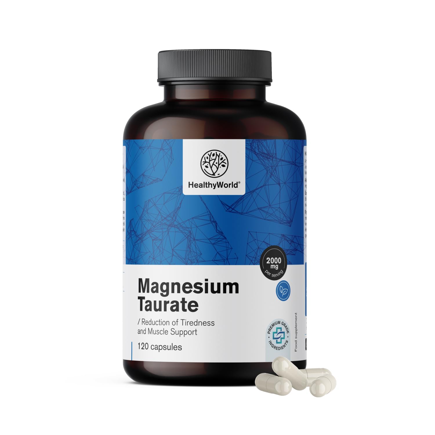 HealthyWorld Taurynian magnezu 2000 mg - 120 Kapsułek Roślinnych - Magnez + Tauryna - Wysoka Zawartość - Na Mięśnie i Układ Nerwowy - Łatwy do Strawienia