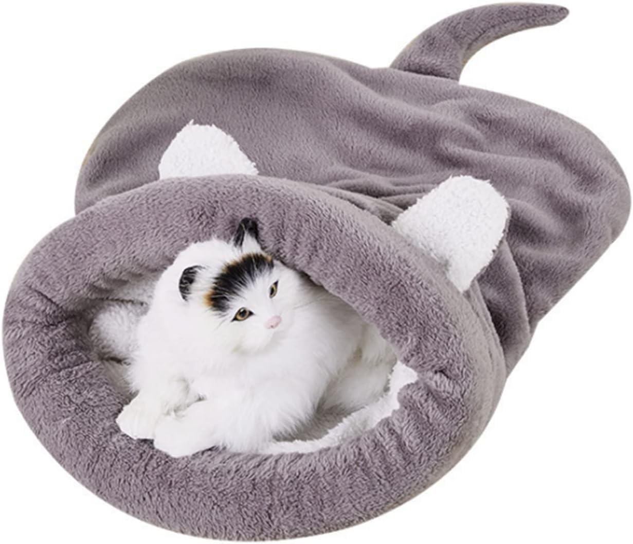 Alsaffan Warm Cat Bed Cave - Semi-Closed Anti-Skid Cat Sleeping Bag with Large Ears Design, Spacious Pet Nest for Indoor Kittens, Soft Plush Mat & Cuddler for Fall/Winter.