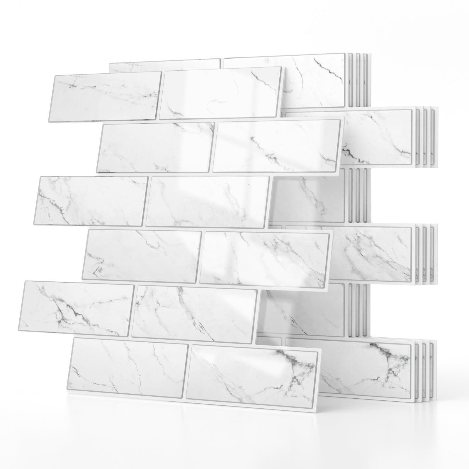WADILE 3D Peel and Stick Subway Wall Tiles, 5PCS Aluminum Foil Backing Foam Brick Panels for Kitchen Bathroom Backsplash, Waterproof Self Adhesive Wall Stickers, Marble White — image 1