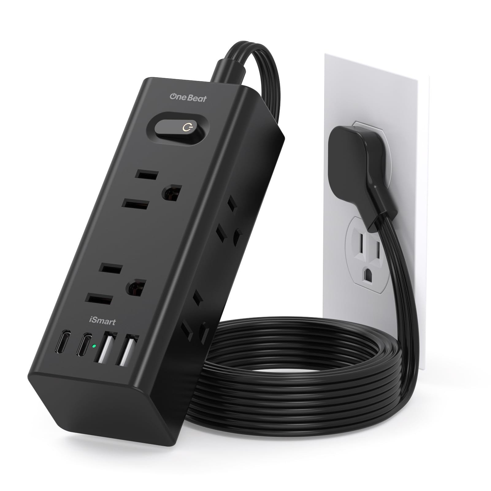Photo 1 of 1Ft Extension Cord with Multiple Outlets, Flat Plug Power Strip Surge Protector with 1 Ft Cord, 6 Outlet 4 USB Ports (2 USB C), Multi Outlet Wall Plug for Travel, College, Dorm Room Essentials(Black)