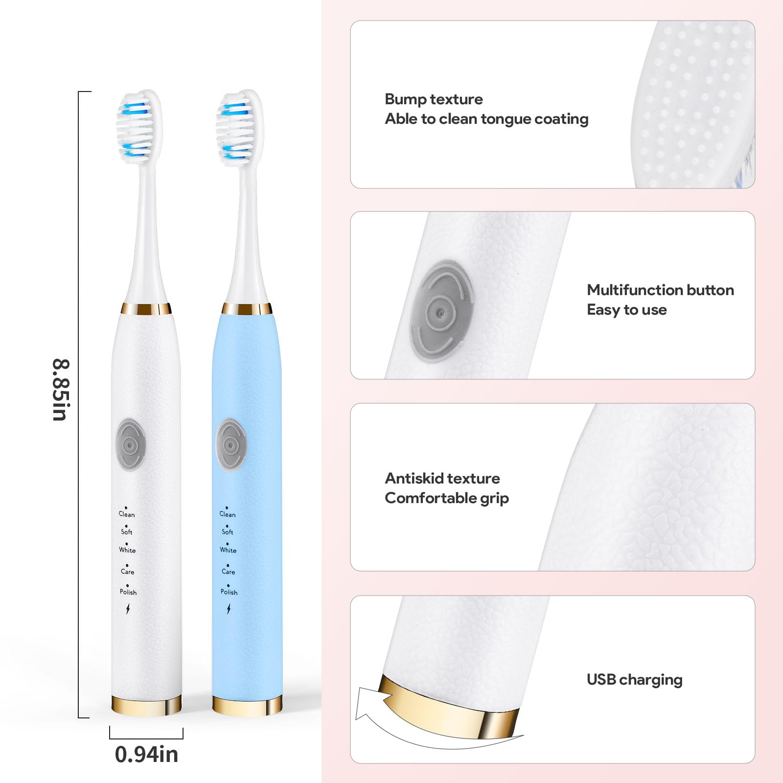 Dnil Confezione da 2 spazzolini elettrici per adulti e bambini, spazzolino da viaggio include 10 testine di ricambio, 5 modalità con timer intelligente da 2 minuti (blu bianco)