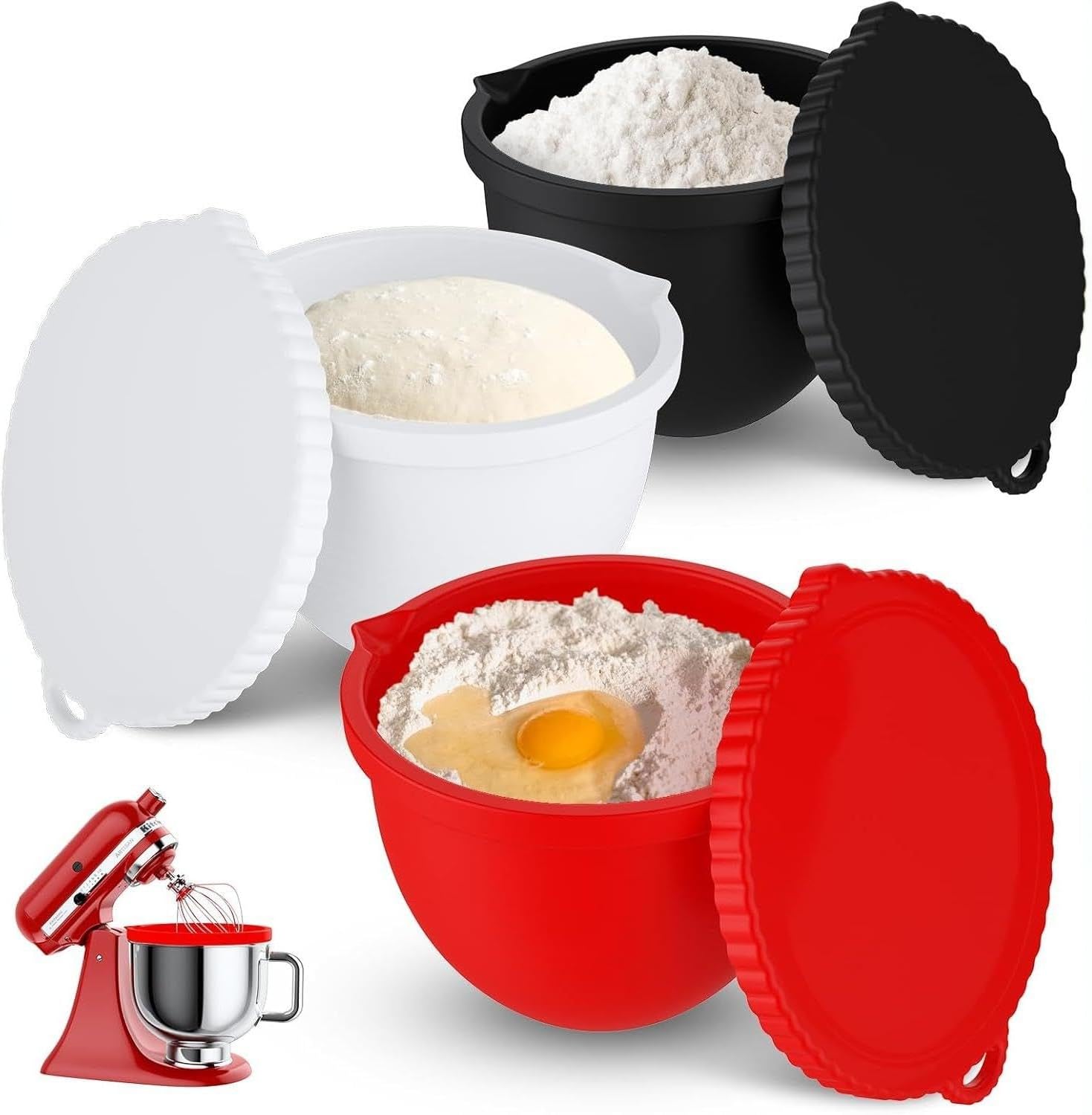 Silicone Bowl Liners for KitchenAid Tilt-Head 5-Quart Stand Mixers, 3-Pack with Lids – Black, Red & Gray