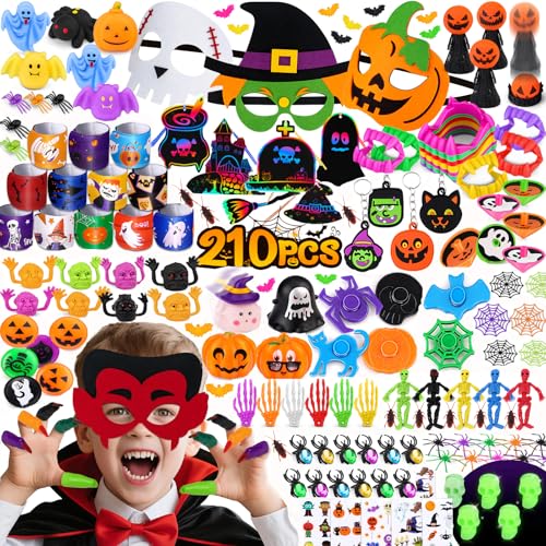 210Stück Halloween Party Mitgebsel Kindergeburtstag 25 Arten Mitgebsel Geschenke Kinder Pinata Füllung Give Aways mit Spinnen Stempel Tattoos Fingerringe für Halloween Kinder Party Geburstag