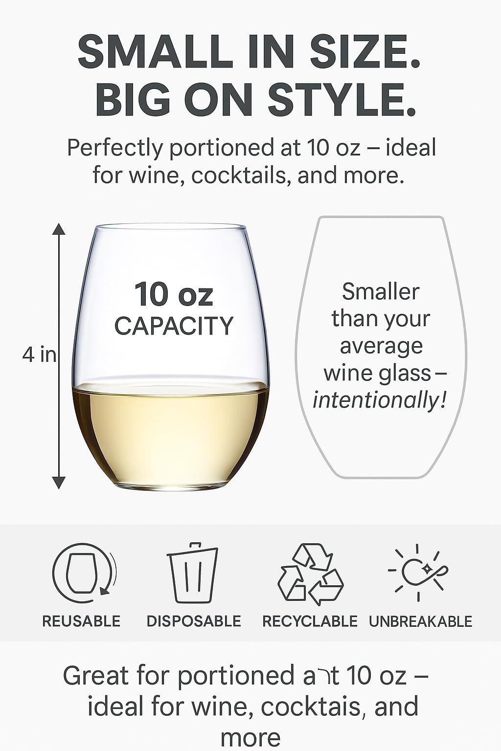 Amazon.com | Oojami 48 piece 10 Ounce Stemless Unbreakable Crystal Clear Plastic  Wine Glasses Small Size Cups (10 Ounces): Wine Glasses
