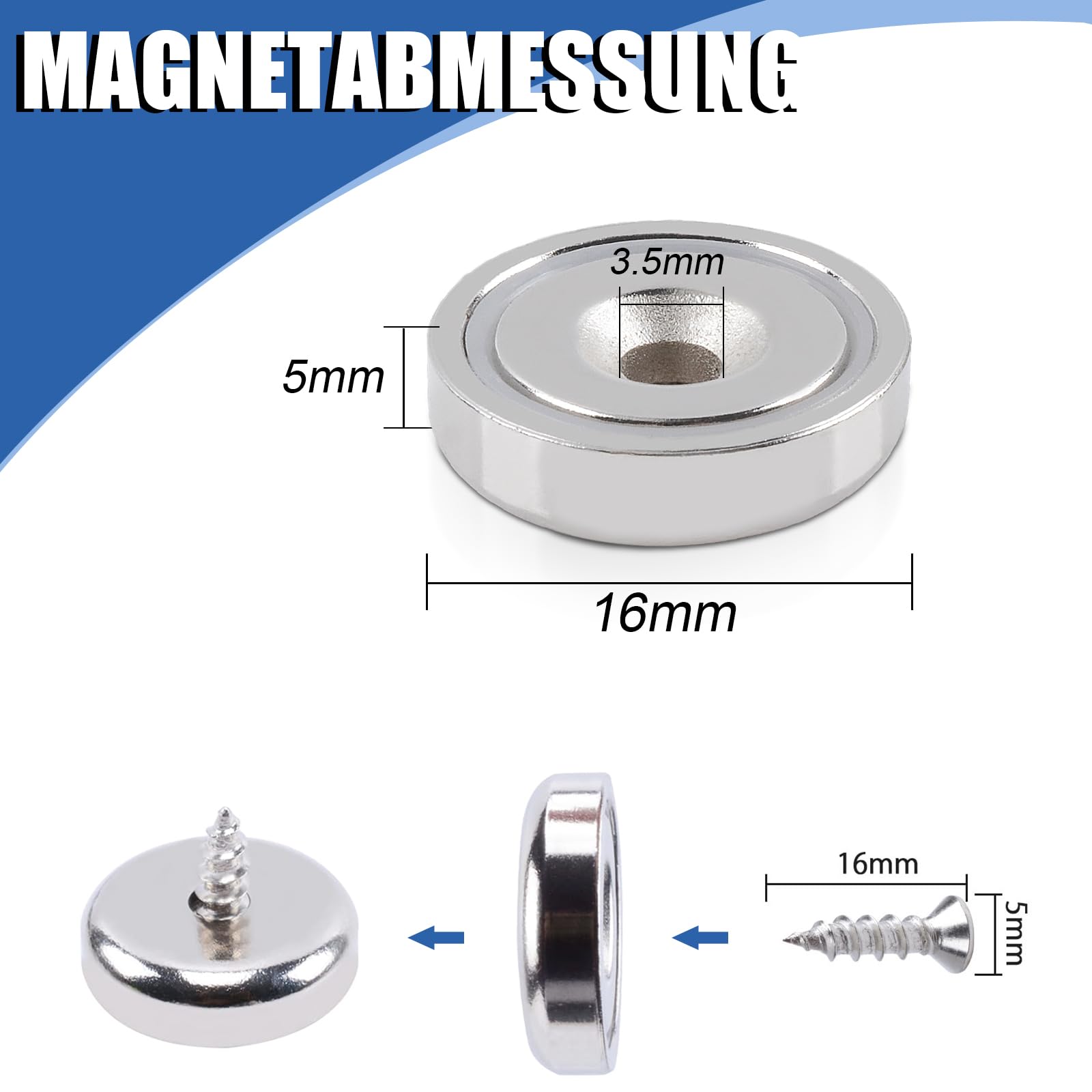 20pezzi Magneti Neodimio 16x5mm Potente Magnete Forza 6 KG Calamita Magneti con al Magnet Neodimio foro e Capsula con Svasato e con viti，Magneti Potenti Per Industria e Scienza ecc