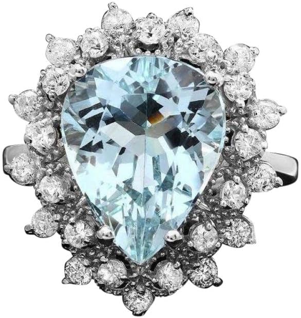 5.60 Carats Natural Aquamarine and Diamond 14K Solid White Gold Ring