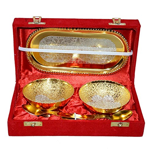 Dby Silver And Gold Color Plated Bowl Set With Spoon Tray Come With Gift Pack Dry Fruits Gift Item Serving Bowl Brass Bowl Gold Plated Brass Bowls Set #TOP4