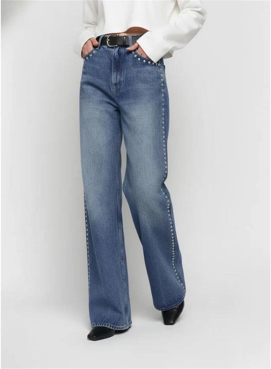 Women Light Blue Jeans Edgy Wide-Leg Side Rivet Embellished Casual Spring Denim