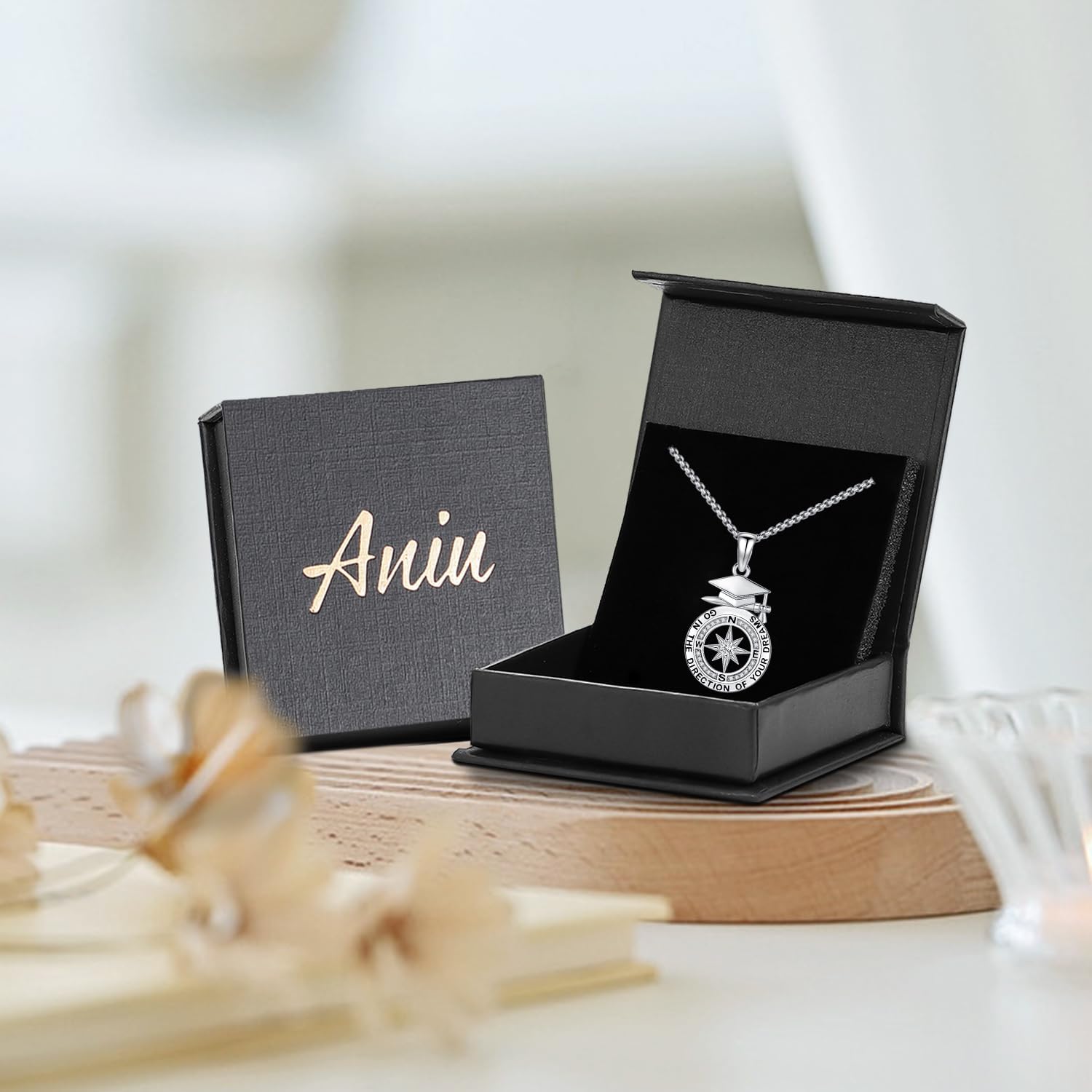 Aniu S925 Sterling Silver Compass Necklace for Men Women Go In The Direction of Your Dreams 2025 Graduation Birthday Christmas Rotatable Jewelry Gift
