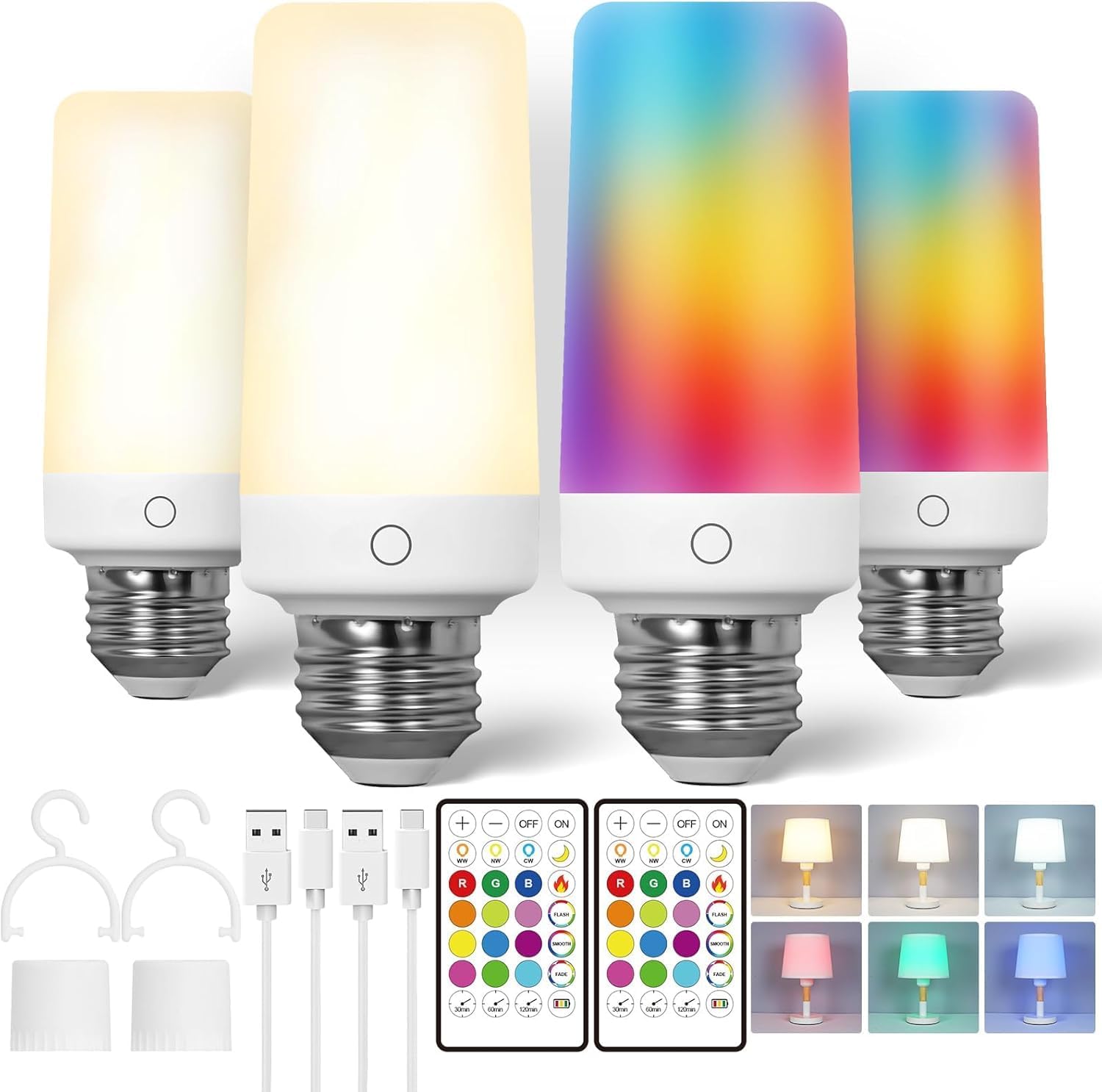 4 Pack Rechargeable Emergency Light Bulb with Remote, Color Changing Battery Powered USB LED Bulbs 12 RGB Color Dimmable E26 120 Volt 9W for Power Outage Hurricane Party Holidays