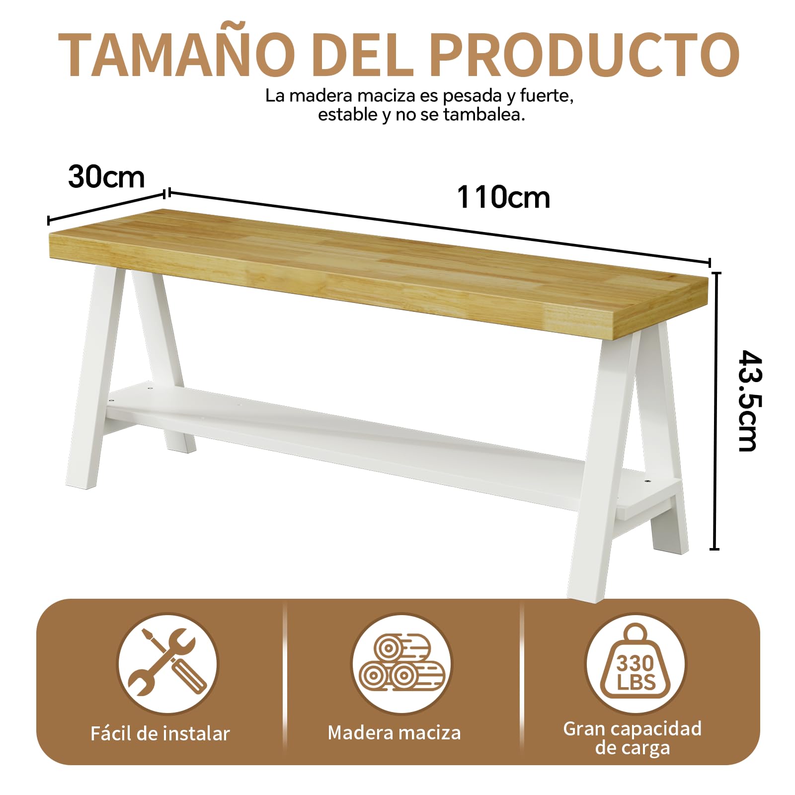 Banco De Madera Rústica De 110 Cm, Banco De Cama Con Espacio De Almacenamiento, Madera Maciza, Banco De Zapatos, Zona De Entrada, Banco De Comedor, Banco De Cocina, Banco De Balcón