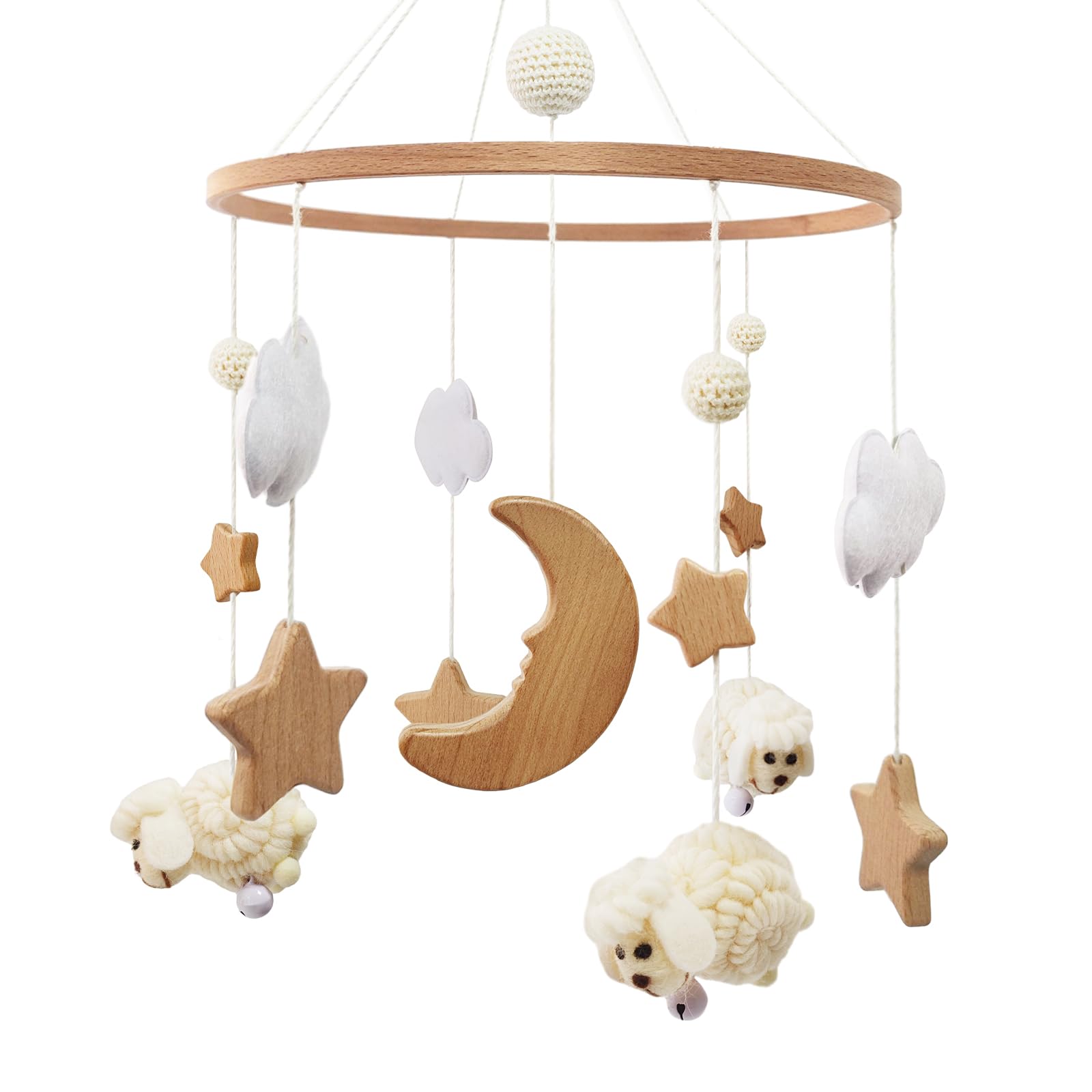 Mobile Baby Holz Schaf Babybett Mobile Baby Windspiel Beige, Wolken Mond Stern Baby Mobile Boho Bettglocke, Baby Spielzeug für mädchen oder Jungen