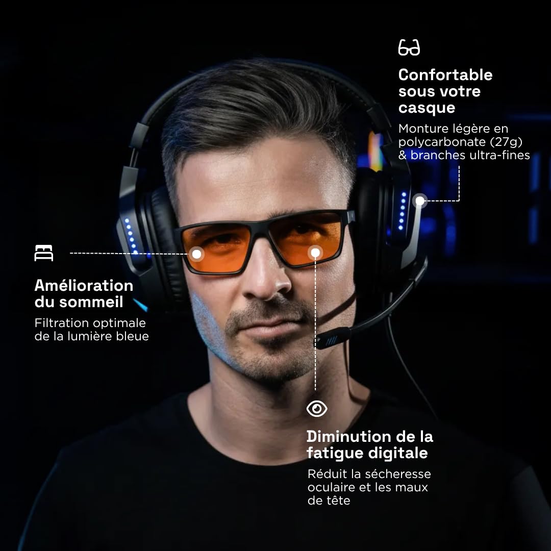 Horus X Lunettes Anti lumière Bleue Gaming et Bureau Homme Femme pour Ecran | Anti Fatigue & Migraine Oculaire | Pack Transparent + Ambré