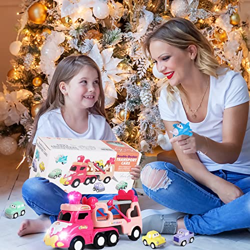 5 In 1 Transport Toy Trucks For Toddlers 1-3, Pink Princess Girl Car Toys With Lights & Music Cars For Toddlers 1-3 Girls Toys, Carrier Truck Cars Cartoon Vehicles Girl Gifts Birthday For Baby Girls #TOP6