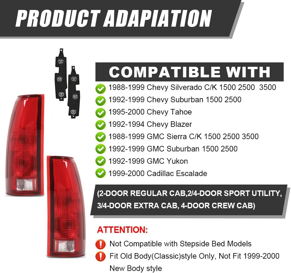 G-PLUS Tail Lights w/Bulb Left and Right Compatible with Chevy/GMC C/K 1500 2500 3500 & Silverado 1988-1999/Fit Blazer 1992-1994, Red Lens Luces Traseras Rear Brake Lamps Assembly Faros Traseros