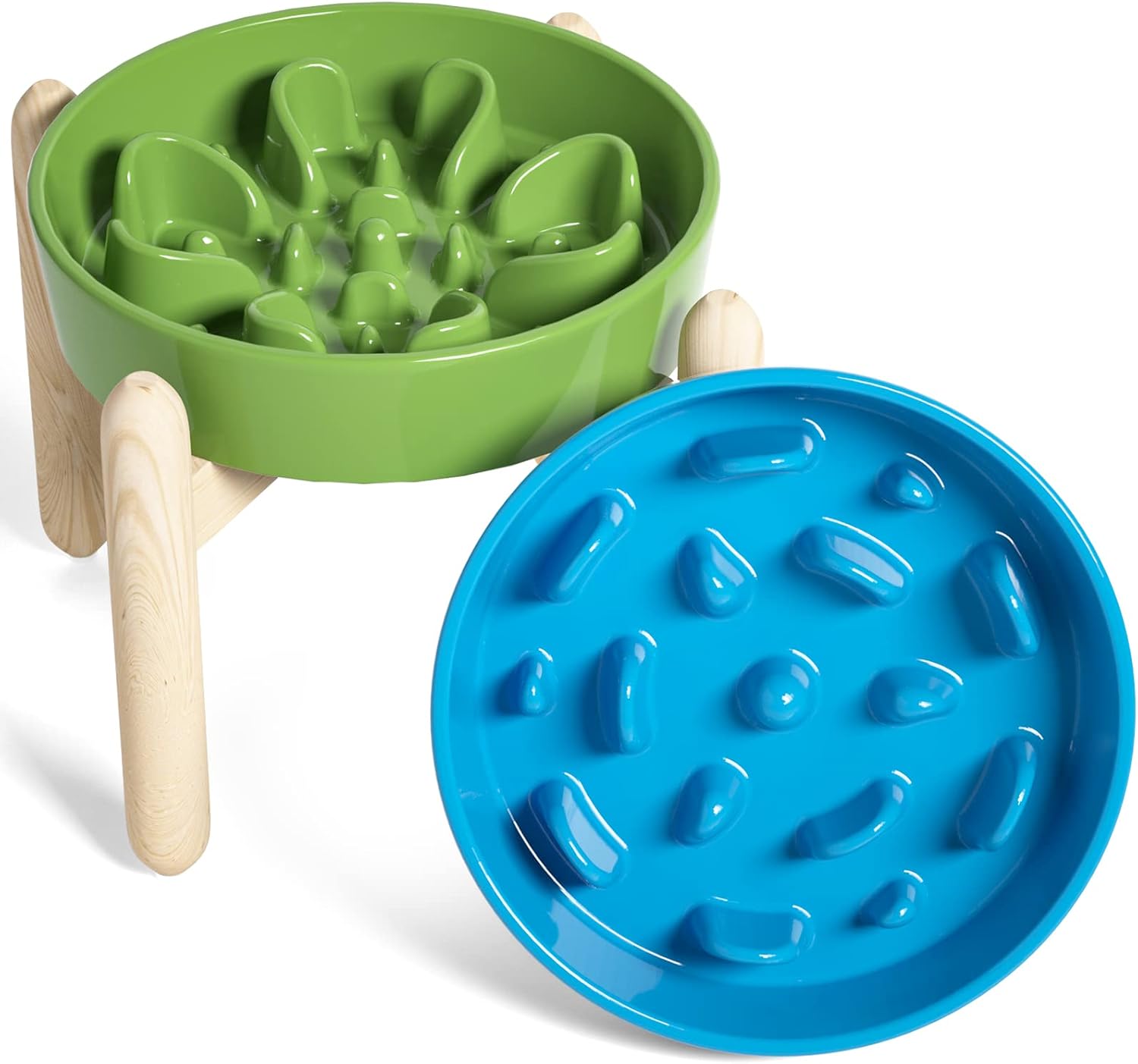 LE TAUCI Ceramic Slow Feeder Raised Dog Bowls with Wooden Stand, Puzzle Feeder, Elevated Dog Dishes to Slow Down Eating, 8 Inch Anti-Gulping Pet Feeding Dishes for Medium Dog