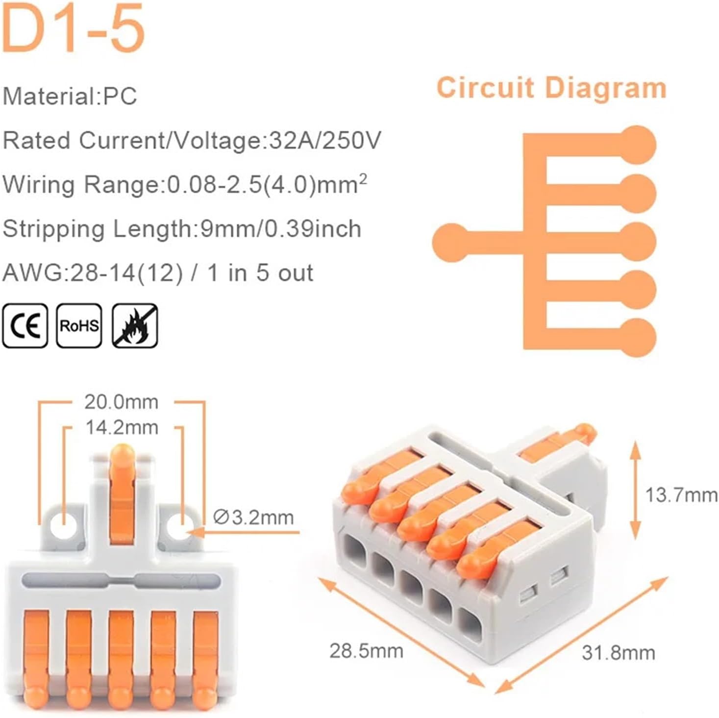 5/10PCS Mini 1 in Multiple Out Quick Cable Connector with Screw Hole Compact Butt Push-in Splitter Splice Terminal Block