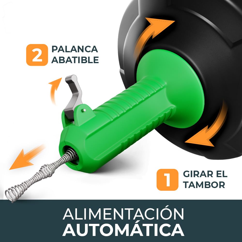 Meisterfaktur Desatascador Tuberias [15M] - Función Automática - Espiral para Desatascar Tuberias Automática - ¡Espiral Limpiador de Desagües y de Tuberías para Aficionados al Bricolaje!