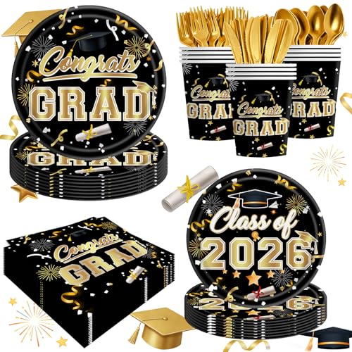 140pcs Graduation Plates and Napkins 2026, Congrats Grad Disposable Dinner & Dessert Paper Plates, Napkins Cups Forks Knives spoons for Graduation Party Decoration, Serves 20 (Black+Golden)