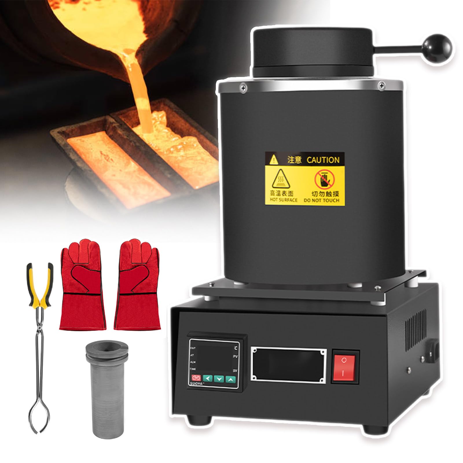 Elektryczny piec do topienia złota, cyfrowa maszyna do topienia metali 1150 ℃, regulacja temperatury, ogrzewanie cewki magnetycznej, tygiel grafitowy, rękawice termoizolacyjne,