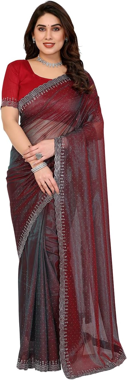 Women's Net Stone Work Fancy Saree With Unstitched Blouse Piece
