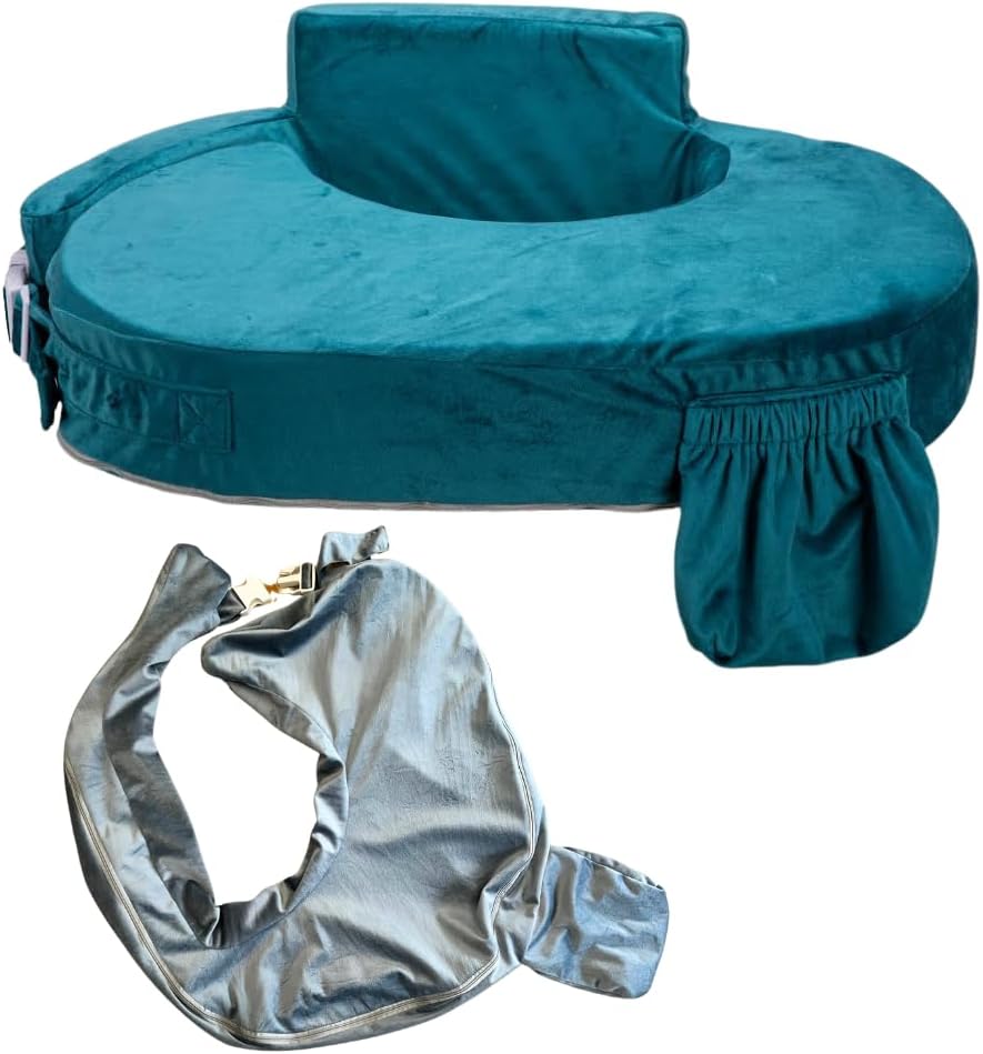 Deluxe Nursing Pillow with Back Support – Ergonomic Breastfeeding Pillow, Includes 2 Velvet Covers (Teal + Grey), Adjustable Waist Strap, Storage Pocket and Travel Bag