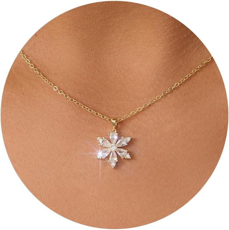 Snowflake Necklace - 14k Gold Plated Cubic Zirconia CZ Snowflake Dainty Necklace for Women Winter Christmas