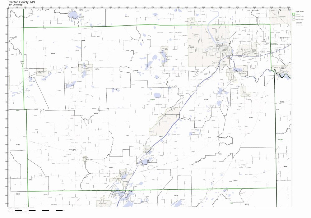 Carlton County, Minnesota MN ZIP Code Map Not Laminated