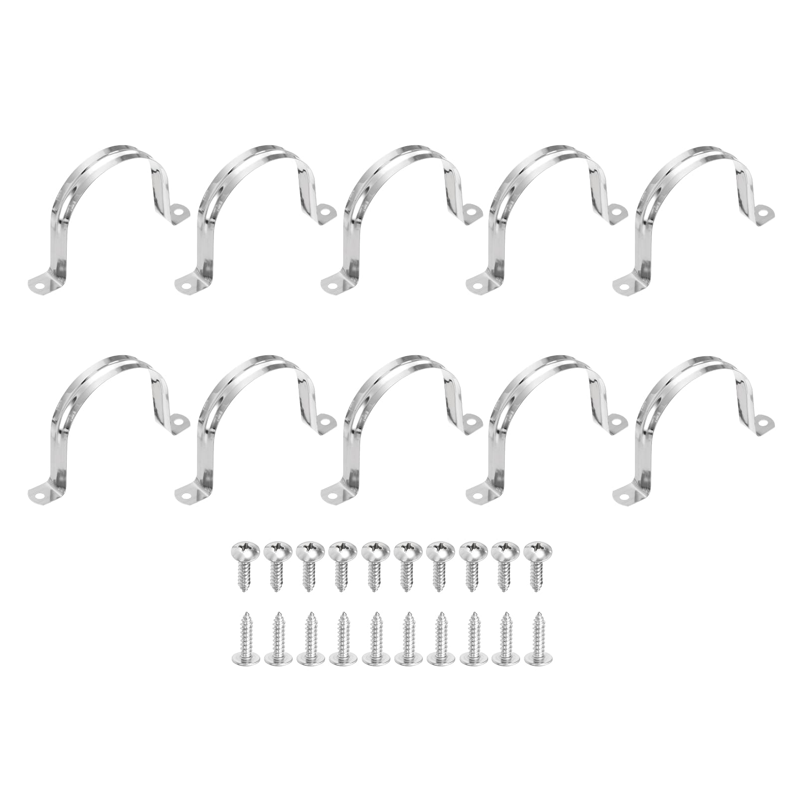 sourcing map 10Pcs 80mm(3-1/8") 304 Stainless Steel Rigid Pipe Strap, Two Hole Strap U Bracket Heavy Duty Pipe Conduit Clamp with Self-Tapping Screws for Hose Wire Cord Installation, Silver
