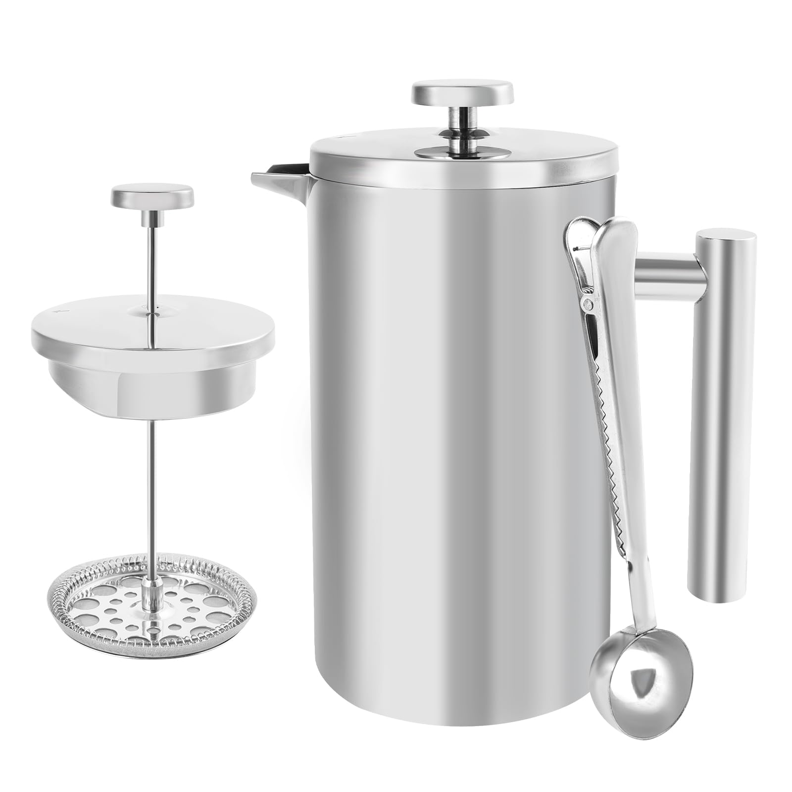 French Press In Acciaio Inox 1 Litro – Caffettiera A Doppia Parete Isolata Con Filtro 3 Strati E Cucchiaio – Stampa Francese Per Caffè E Tè Caldo
