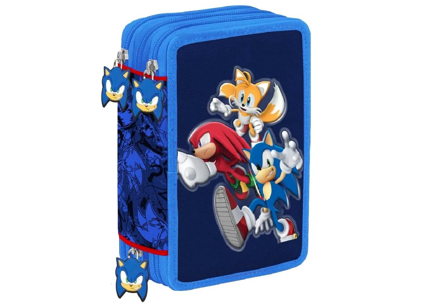 Estuche escolar Sonic Azul Completo Triple 3 Zip + Pulsera Regalo
